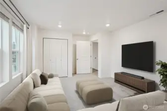 Large bonus room or 5th bedroom perfect for a media space, game room, or playroom. Photo is representational. Actual home is under construction. Colors, materials, and features may vary. See site agent for details.