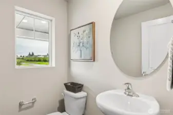 Main floor powder room. Photo is representational. Actual home is under construction. Colors, materials, and features may vary. See site agent for details.