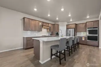 Large island, gas stove, double ovens and premium finishes.