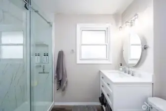 Primary bedroom's bath. Gorgeous marble.