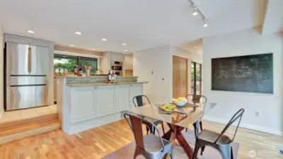 This split-level kitchen offers abundant storage and a perfect layout for entertaining.