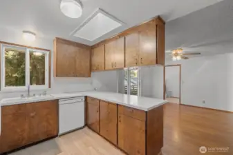 Inside kitchen looking out to dining area