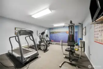 Stay active even on rainy days with the building’s workout room.