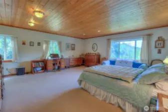 Oversized primary bedroom with windows on the east and south sides.