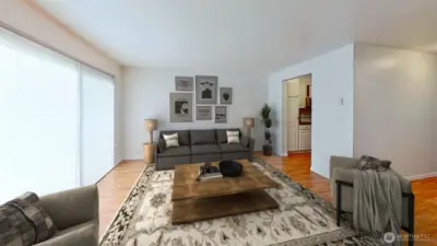 Living room with wood fireplace and slider to the garden patio. Virtually staged.