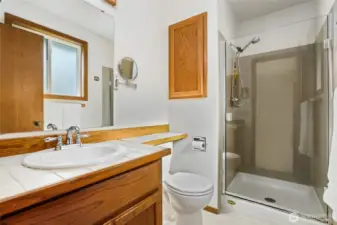 Primary ensuite bathroom on upper level.