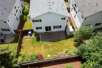 Aerial view of the backyard and shed.