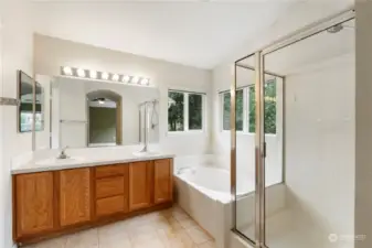 Double vanity with soaking tub and beautiful shower as well.