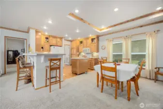 Two options for meals, wrap around bar/kitchen counter and dining area.