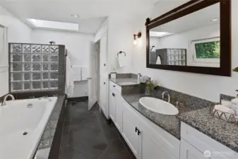 Spa inspired stylish primary bath with skylight