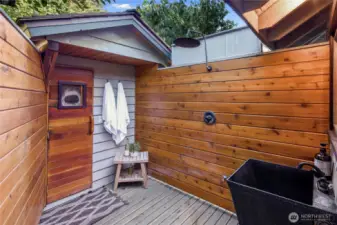 Exterior outbuilding features an outdoor shower, sink and sauna!