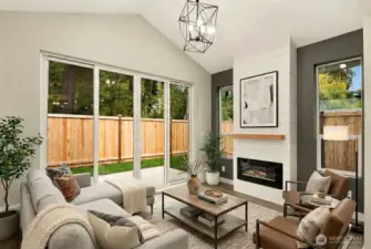 Vaulted living space with 8ft+ ceilings, expansive windows, sourrounded by a private fully fenced yard.