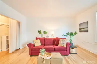 Spacious living room with large closet could easily convert to office or twin bedroom.