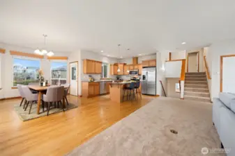 The kitchen is very spacious and open to the dining room which can accommodate a large table.