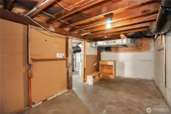 Unfinished room in basement for storage or workshop.