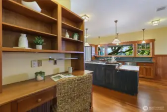 Built-in desk great for cookbooks, bill paying, . . .