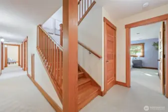 Beautiful wood stairway. Door opens to storage under stairs - notice the small door on the left which also leads to the back of the closet.