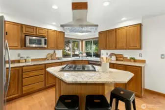 Warm wood kitchen with newer stainless steel appliances. Check out the convertible two-door oven, the gas stovetop and hood vent, and the extra quiet dishwasher.