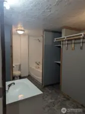 Main bathroom with laundry space