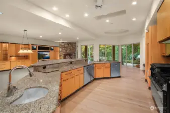 Huge chef's kitchen with dual sinks, dual diswashers, and commercial grade high end appliances