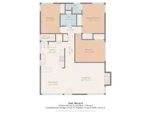 Main level floor plan showcasing the primary bedroom, two additional bedrooms, full bath, open living room, dining area, and kitchen—designed for comfortable everyday living and seamless flow between gathering spaces.