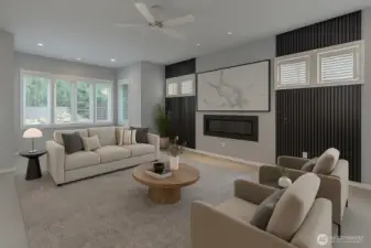 Virtually staged. Sophisticated living room with wall accents and a fireplace that provides a classic focal point.