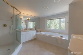 Virtually staged. Spa-like primary bath with dual vanities, soaking tub, and separate shower.
