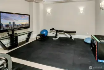 Additional workout room across on the other side of the bathroom can also be a media room, wired for a projector.