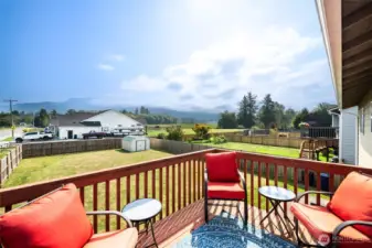 Enjoy beautiful mountain views when relaxing on the deck