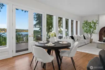 The kitchen has plenty of space for dining and also enjoys gorgeous views