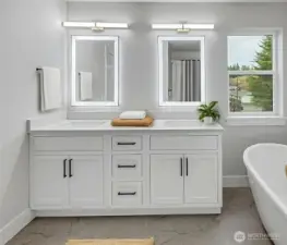 Primary bathroom has double vanity, soaking tub, ceramic tiled shower, and smart toilet. Virtually staged