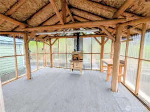 With antique wood stove