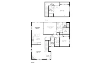 Juniper Loft floor plan. Everything you need is on the main floor. Upstairs you will find a large 3rd bedroom and a full bath perfect for guests or your hobby/office space.