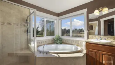 A relaxing soaking tub with a breathtaking view through a large window wall.