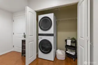 New LG large capacity front-load washer and dryer and storage closet.