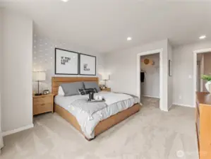Alternate angle reveals generous sleeping area, bedside lighting, and direct access to the oversized walk-in closet. Pictures are for representational purposes only, colors and features may vary.