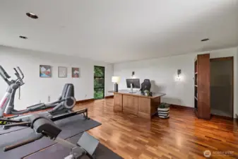 Doorway behind the moving shelf leads to a stairway down to the basement rec room.