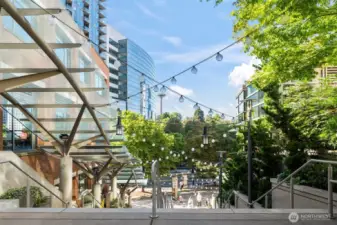 Complex courtyard view of Space Needle