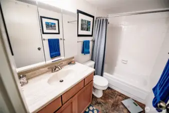 New vanity and counter along with a tri-mirror medicine cabinet. Tiled shower and newer laminate flooring.