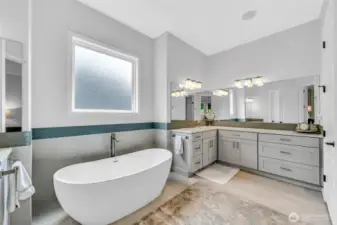 In 2022 all the cabinets were refaced and painted, quartz counters added, and a free standing tub installed that you can actually get in, and out, of!