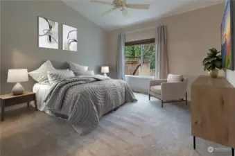 Virtually-staged Primary Bedroom has plenty of natural light and space for king bed, night stands and dresser.