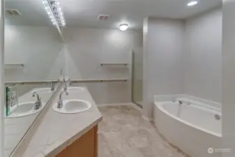 Primary Bathroom Suite has oversized soaking tub, dual sinks, toilet and shower.