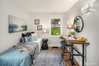 Sweet outlook from this bedroom and updated lighting and paint.