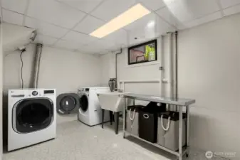 Spacious laundry room with built in shelves to the left of photo.