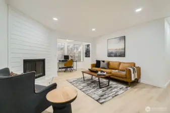 T&G fireplace accent wall with tiled ledge