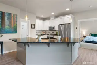 Large island with Breakfast Bar for extra seating. Island is water equipped for extra prep space and storage.