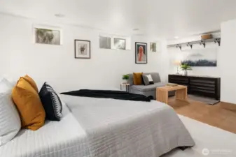 Large bedroom with shelving space.
