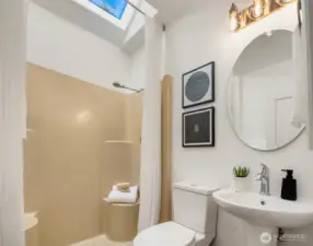 Bathroom with skylight and shower