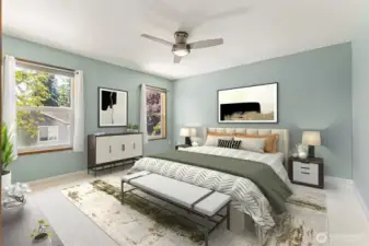 Spacious Primary Suite, virtually staged, includes 2 large picture windows with natural light galore. new paint, new ceiling fan with remote, newer carpeting. Can fit a king size bed easily with room for multiple large furniture pieces.
