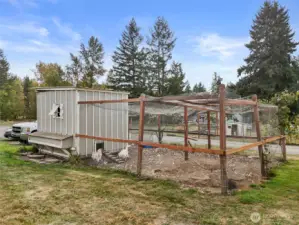 Chicken house (also has housed bunnies, ducks and geese).  Buried wire fencing to protect from predators.
